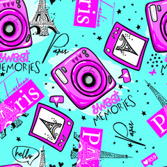 Bright seamless pattern with camera and eiffel tower. Girly fashion background for clothes, wrapping paper, prints and more
