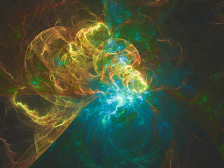 Abstract fractal art background, suggestive of astronomy and nebula. Computer generated fractal illustration art nebula yellow blue