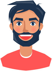 Positive face expression of young man. Guy with emotion of happiness, joy. Cheerful, joyful face of male character. Happy smiling male vector illustration. Expressing human emotion concept