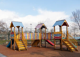 Empty colorful children's park. Slide. 