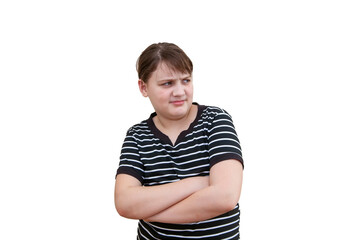 Studio shot of  unhapy 12 year old girl,  white background
