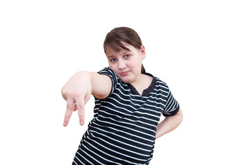 Studio shot of  young 12 year old girl showing victory sign