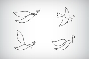 Vector set of line logo, icon, drawing of dove holding a branch, symbol of love and piece. One line minimalist pigeon. - obrazy, fototapety, plakaty