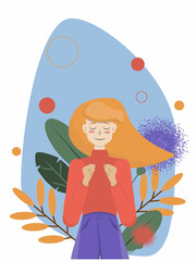 Dreaming girl. Flat style vector illustration. Funny girl.
Flower and blue background.