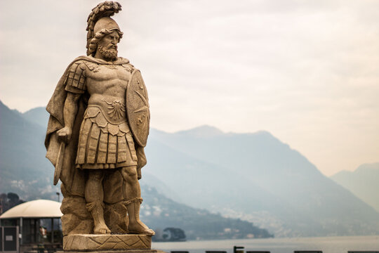 Beautiful shot of Mars statue on Villa Olmo garden, Como lake, Italy