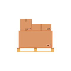Boxes stacked on wooden pallet flat cartoon vector illustration isolated.