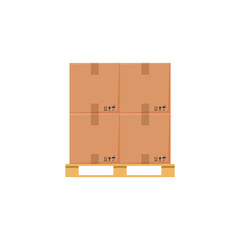 Cardboard parcel boxes stacked on wooden pallet, vector illustration isolated.