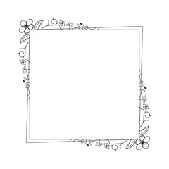 Abstract Black Simple Line Suqare With Leaf Leaves Frame Flowers Doodle Outline Element Vector Design Style Sketch Isolated Illustration For Wedding And Banner
