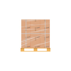 Pallet tray with parcels wrapped in stretch film, flat vector isolated.