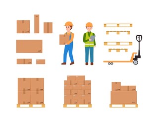 Warehouse and postal service icons set flat vector illustration isolated.