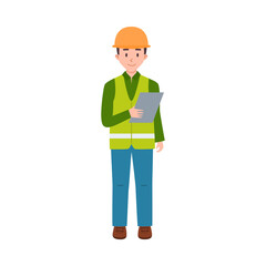 Warehouse storage worker checks delivery list flat vector illustration isolated.