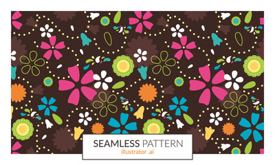 Motif répétitif seamless, sans couture, style années 70 psychédélique, pouvoir des fleurs, ambiance rétro hippie, floral et joyeux, pour impression textile et papeterie