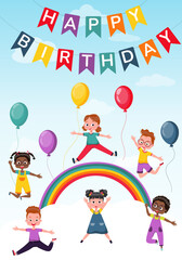 Diverse children, children, teenagers celebrate birthday fun, decorations. Boys and girls jump against the background of the sky and the rainbow. Greeting card template.
