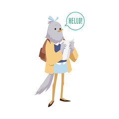 Cute pigeon character in school uniform saying hello, flat vector illustration isolated on white background.