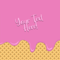 Flowing strawberry ice cream on background waffle texture with text layout in the center. Poster for cafe, ice cream and menu dessert, food packaging design