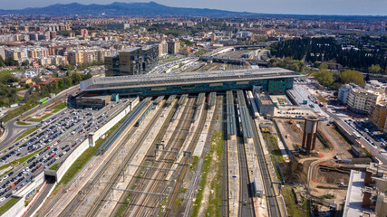 Aerial view of Roma Tiburtina, the second largest railway station in Rome, Italy. The train station...