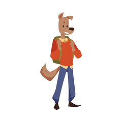 Funny dog college student with backpack, flat vector illustration isolated on white background.