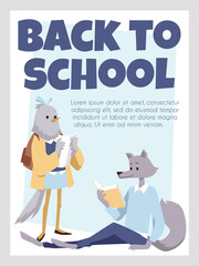 Back to school poster or flyer with animal students, pigeon and wolf in uniform reading, flat vector illustration.