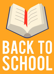 Back to school poster or flyer with opened book, flat vector illustration.