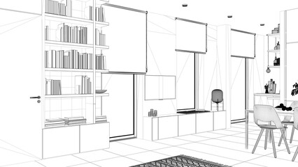 Blueprint project draft, modern minimalist living room, concrete tiles, wooden bookshelf and cabinets with books, windows with roller blinds, contemporary architecture interior design