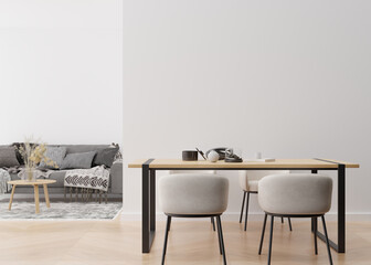 Empty white wall in modern living room. Mock up interior in contemporary style. Free, copy space for picture, poster, text, or another design. Sofa, table, chairs. 3D rendering.