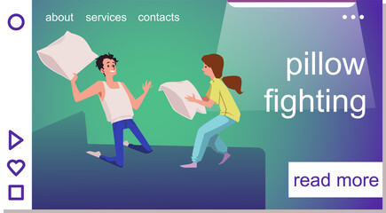 Happy couple fighting with pillows on the bed, landing page template, flat vector illustration.