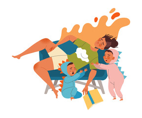 Tired Mom Lying on Sofa with Little Crying Children Feeling Stress and Exhaustion of Noisy and Naughty Kid Vector Illustration