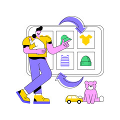 Baby clothes trade-in abstract concept vector illustration. Used kids toys and clothes in exchange for cash or coupons, child fashion store, second hand, baby gear, resale shop abstract metaphor.