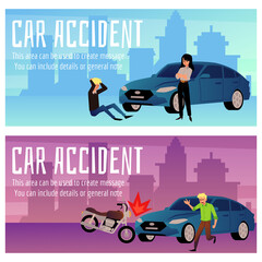 Car driver gets into an accident with pedestrian, motorcyclist vector flat illustration