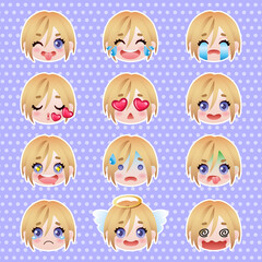Fototapeta premium Cute blond boy emoticons in anime style on a violet polka dot background
