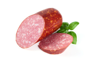Smoked salami with slices, isolated on white background.