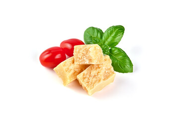 Hard Parmesan cheese, isolated on white background.