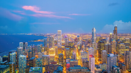 Naklejka premium Chicago downtown skyline cityscape of USA