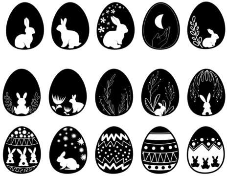 Silhouettes set of easter eggs and cute bunny