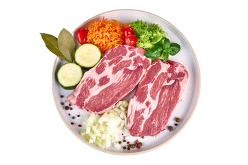 Raw pork Boston butt steaks, isolated on white background.