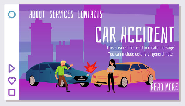 Two cars collided on the road, traffic collision landing page template, flat vector illustration.