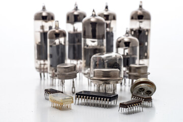 radio components microchips, transistor and radio tubes on white background. concept of the evolution of radio electronics.