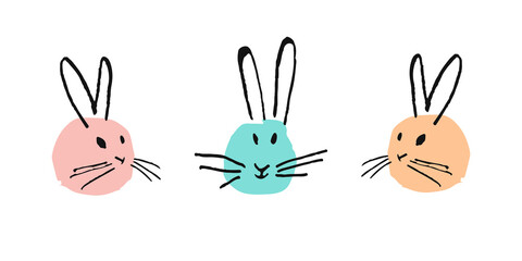 Vector hare illustration. Round illustrations for Easter holidays, hand-drawn. Flat cartoon style. Cute funny bunny. The art of drawing with ink and pen. Pink rabbit isolated on white background