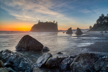 Beautiful view of the sunset from the foggy Ruby beach, Washington
