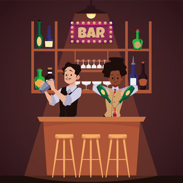 Two bartenders behind the counter in a bar vector flat illustration