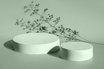 Podium for cosmetic product presentation. Abstract minimal geometrical form. Cylinder stone sphere one form, shadow. Scene to show products. Showcase, display. Trendy sunlight. Front view. 3D