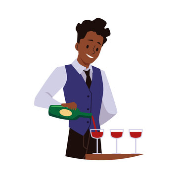 Professional bartender or waiter pouring wine into glasses, flat vector illustration isolated on white background.