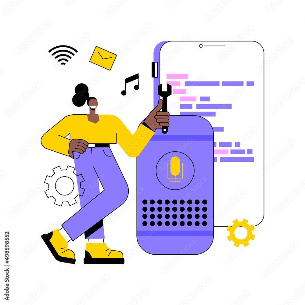 Poster smart speaker apps development abstract concept vector illustration. app development platform, smart