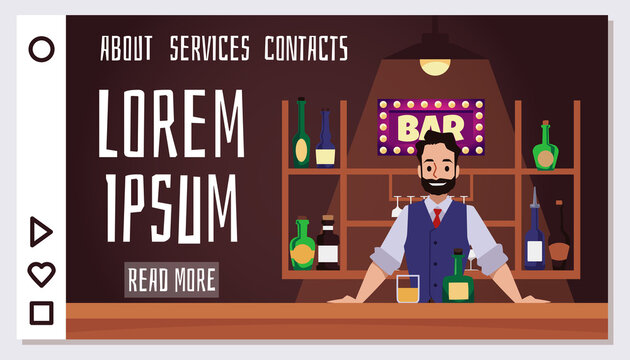 Bartender welcoming guests behind the counter, landing page template, flat vector illustration.