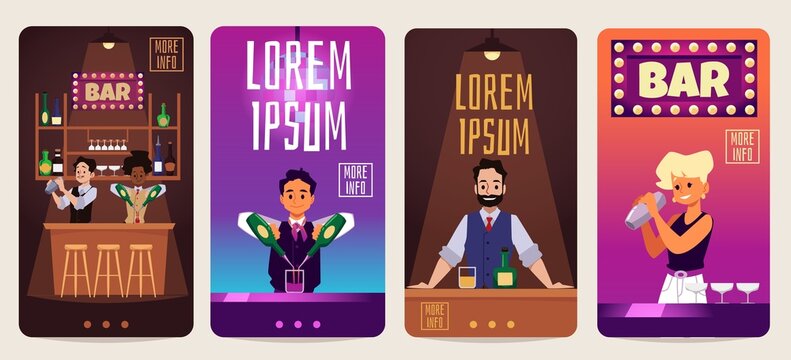 The bartender at the bar. The bartender makes a cocktail, set of vertical homepages, vector flat illustration