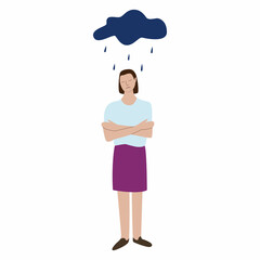 A sad girl in full height stands with her arms around herself. A thundercloud hangs over the girl, it's raining. The concept of mental disorder, illness.