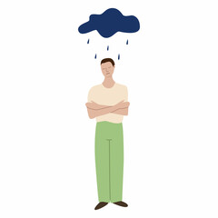 A sad guy in full height stands with his arms around himself. There is a thundercloud over the man, it is raining. The concept of mental disorder, illness.