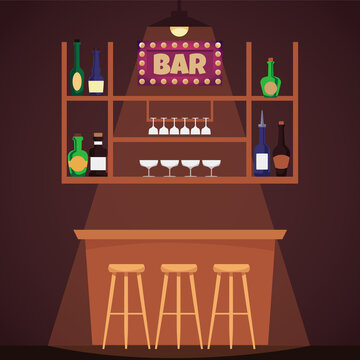 Empty bar counter with chairs and shelf with alcoholic drinks, flat vector illustration.