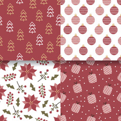 Christmas set of vector hand drawn seamless patterns. New Year and Merry Christmas set on craft paper background in cute style.