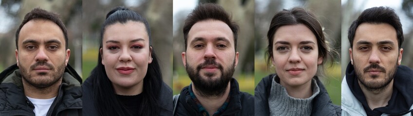 Collage of portrait of five young people at outside. Expressions and emotions set of different five people. Two woman, three man. Multiscreen montage, split screen collage. Feelings, gestures concept.